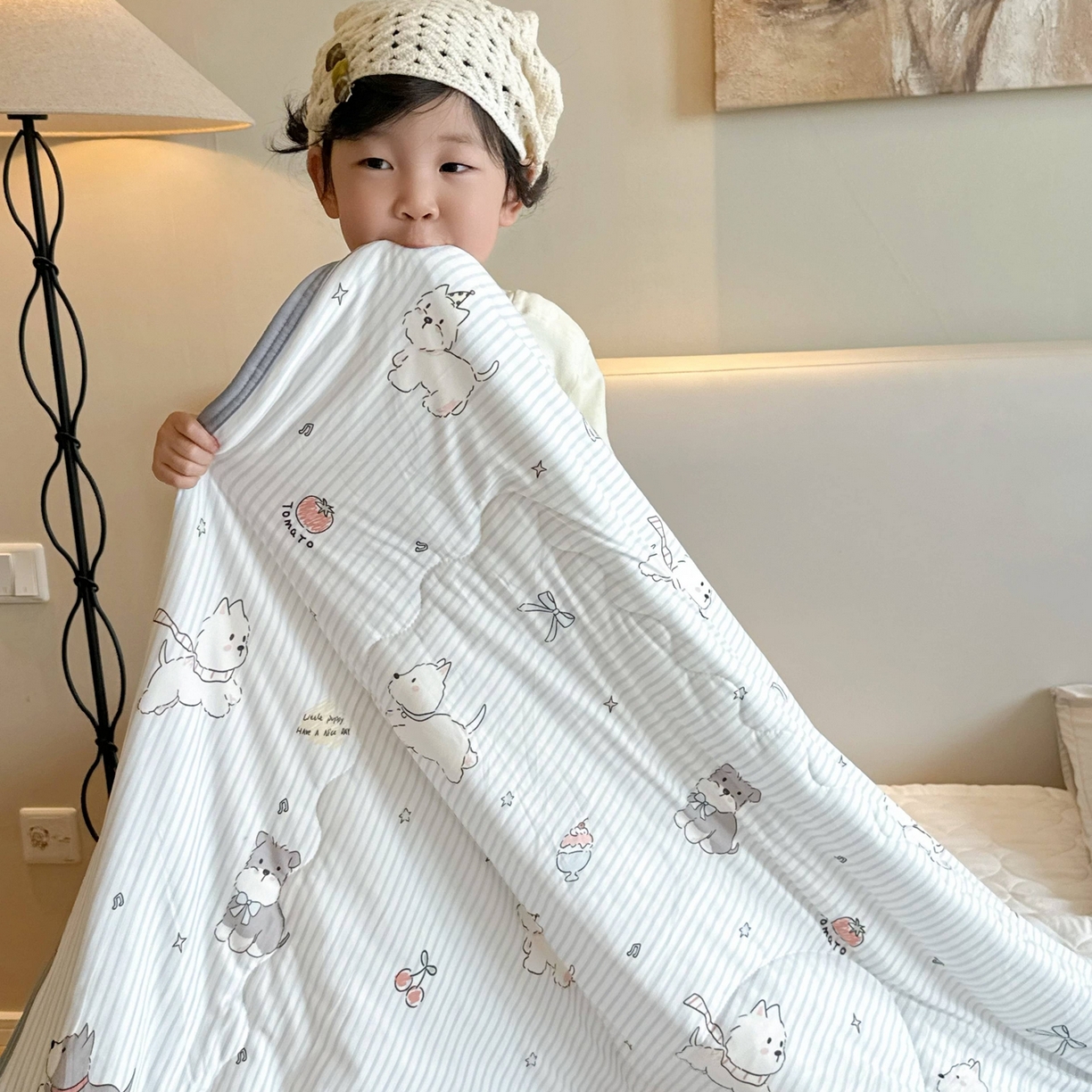 91家纺网 家纺一手货源 找家纺 兜米家居 2026春夏新款针织夏被夏凉被空调被 调皮小狗