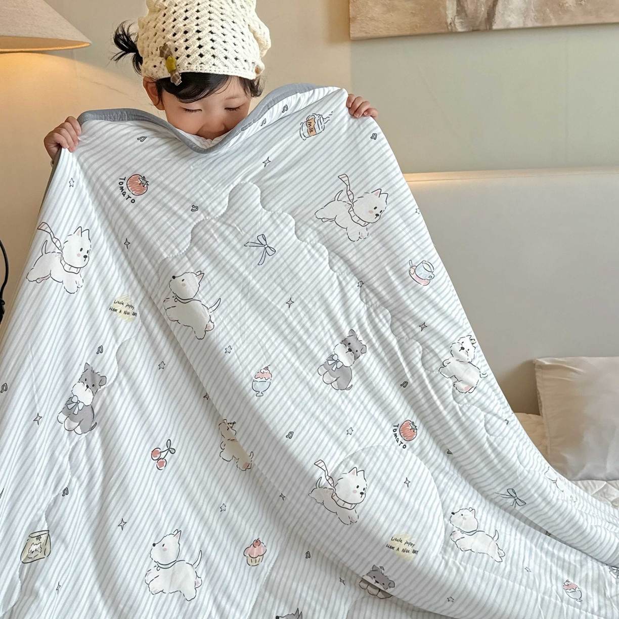 91家纺网 家纺一手货源 找家纺 兜米家居 2026春夏新款针织夏被夏凉被空调被 调皮小狗