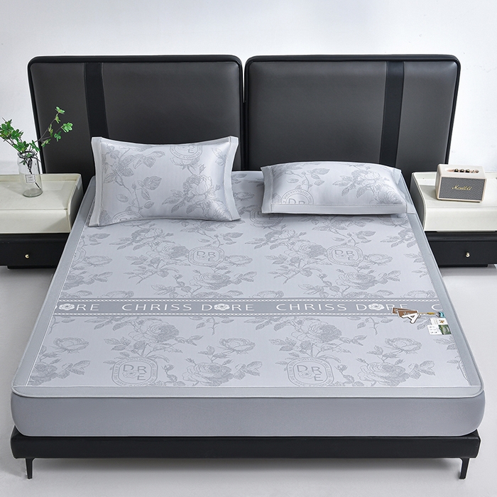 91家纺网 家纺一手货源 找家纺 小牛席业 2026春夏新款【实拍风格】双PE高凉感凉席席子-盛世蔷薇冰丝席（床笠款） 盛世蔷薇-灰色