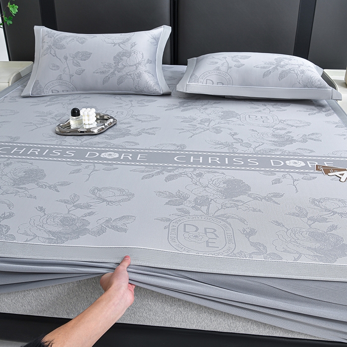 91家纺网 家纺一手货源 找家纺 小牛席业 2026春夏新款【实拍风格】双PE高凉感凉席席子-盛世蔷薇冰丝席（床笠款） 盛世蔷薇-灰色