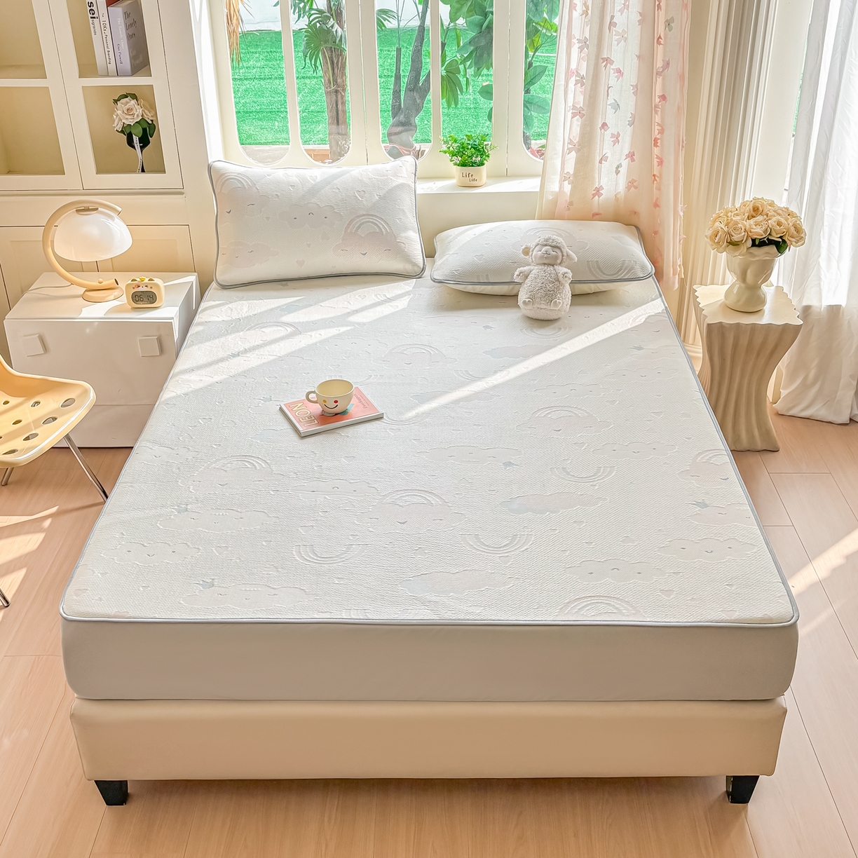 小萌虎  2026年新款乙纶PE提花冰豆豆凉席床笠款卡通 彩虹粉