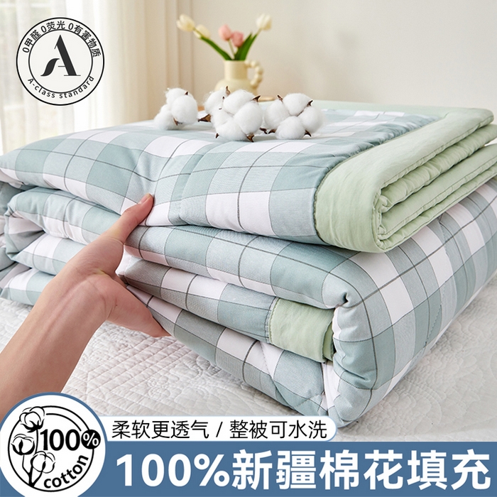 海洋家纺 2026新款100%新疆棉花印花夏被亲肤仿棉夏凉被纯手包边空调被薄被子 简约 绿