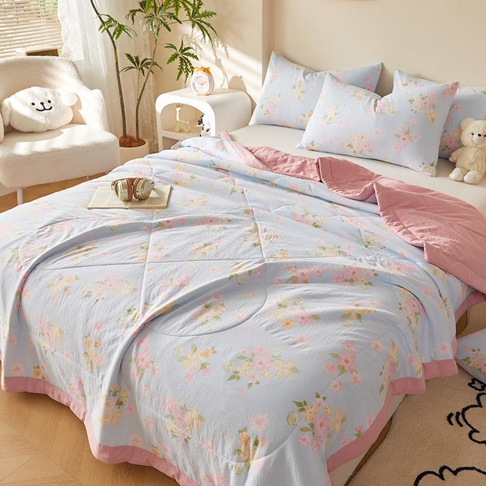 91家纺网 家纺一手货源 找家纺 海洋家纺 2026新款100%新疆棉花印花夏被亲肤仿棉夏凉被纯手包边空调被薄被子 莫奈花园