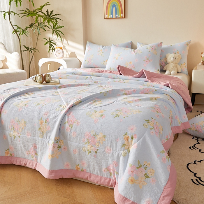 91家纺网 家纺一手货源 找家纺 海洋家纺 2026新款100%新疆棉花印花夏被亲肤仿棉夏凉被纯手包边空调被薄被子 莫奈花园