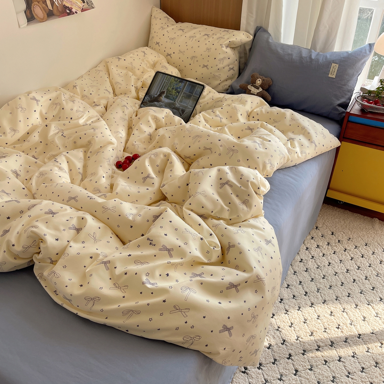 91家纺网 家纺一手货源 找家纺 轻奢坊 2026新款水洗棉可露丽撞色四件套 可露丽结