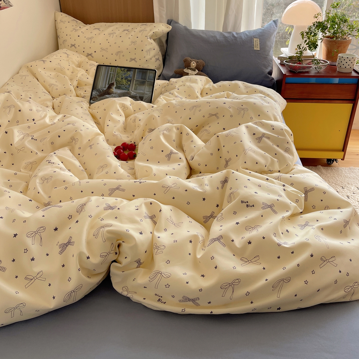 91家纺网 家纺一手货源 找家纺 轻奢坊 2026新款水洗棉可露丽撞色四件套 可露丽结