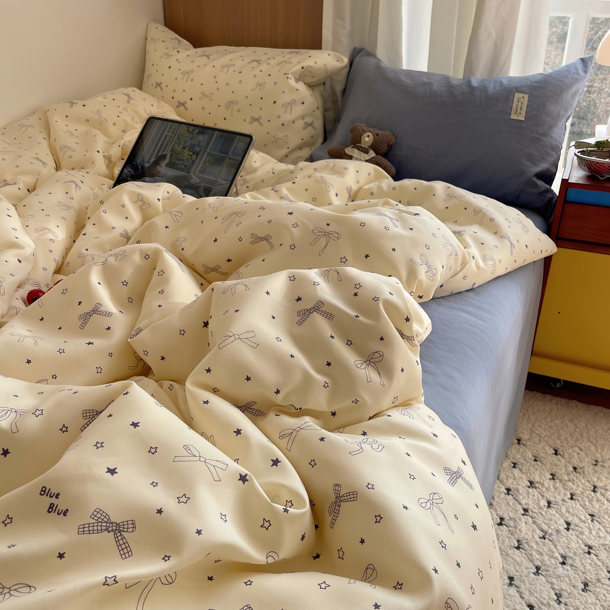 轻奢坊 2026新款水洗棉可露丽撞色四件套 可露丽结