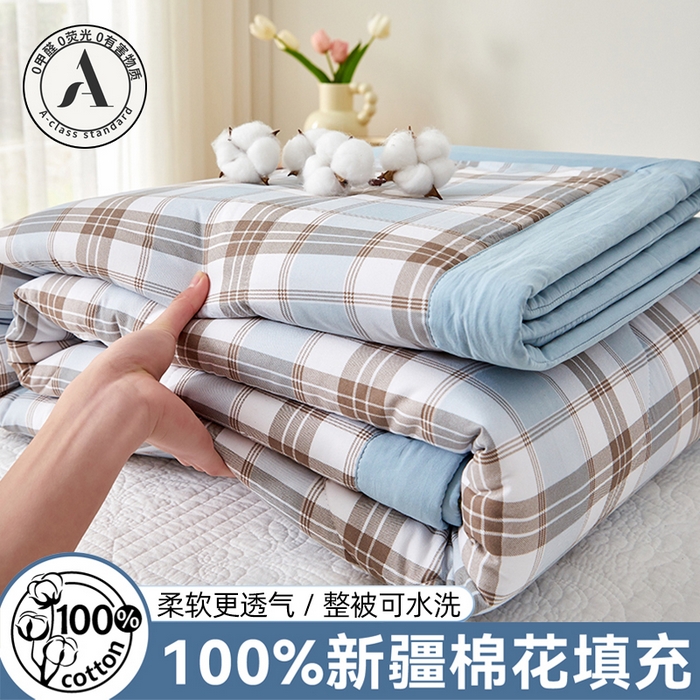 海洋家纺 2026新款100%新疆棉花印花夏被亲肤仿棉夏凉被纯手包边空调被薄被子 英伦 蓝