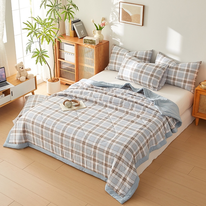 91家纺网 家纺一手货源 找家纺 海洋家纺 2026新款100%新疆棉花印花夏被亲肤仿棉夏凉被纯手包边空调被薄被子 英伦 蓝