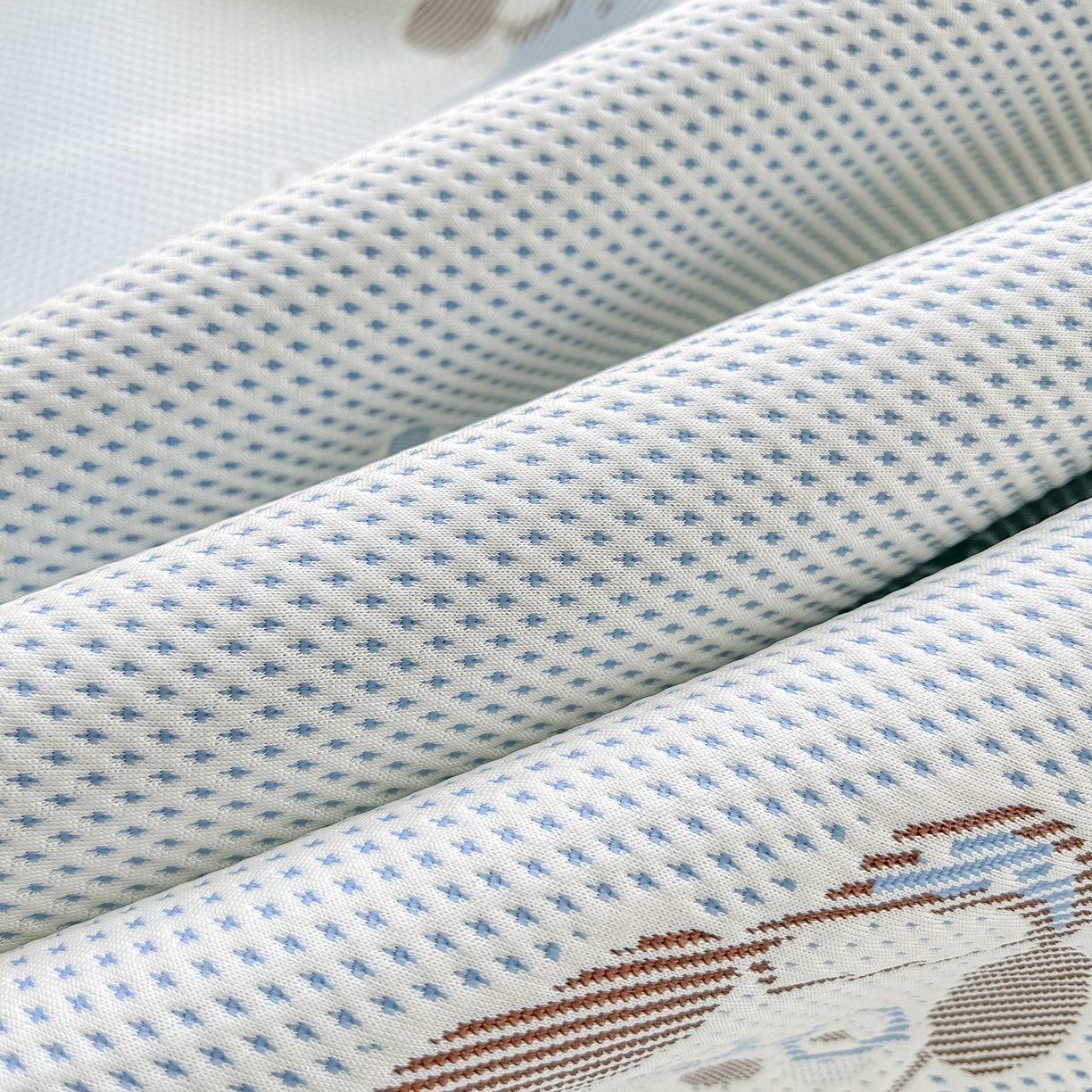 91家纺网 家纺一手货源 找家纺 小萌虎  2026年新款乙纶PE提花冰豆豆凉席床笠款卡通 腊肠犬-蓝