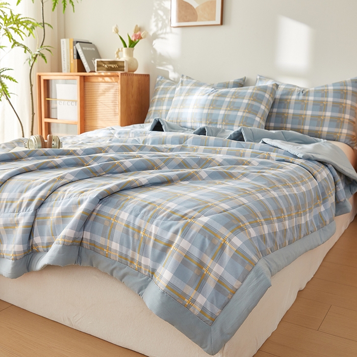 91家纺网 家纺一手货源 找家纺 海洋家纺 2026新款100%新疆棉花印花夏被亲肤仿棉夏凉被纯手包边空调被薄被子 左岸 蓝