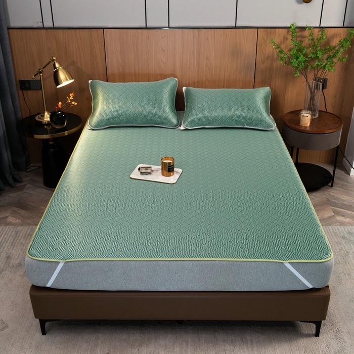 91家纺网 家纺一手货源 找家纺 莱家富 2026新款1800DA类抗菌艾草驱蚊碳光冰丝凉席三件套 饼干花-绿