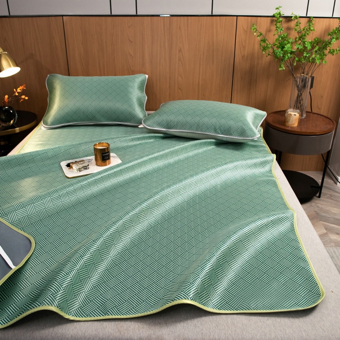 91家纺网 家纺一手货源 找家纺 莱家富 2026新款1800DA类抗菌艾草驱蚊碳光冰丝凉席三件套 饼干花-绿