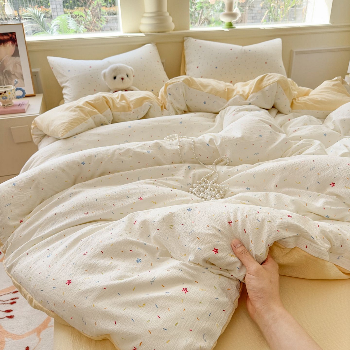 91家纺网 家纺一手货源 找家纺 （总）小蓝孩家纺 2026新款泡泡纱双层纱四件套（不缺货）