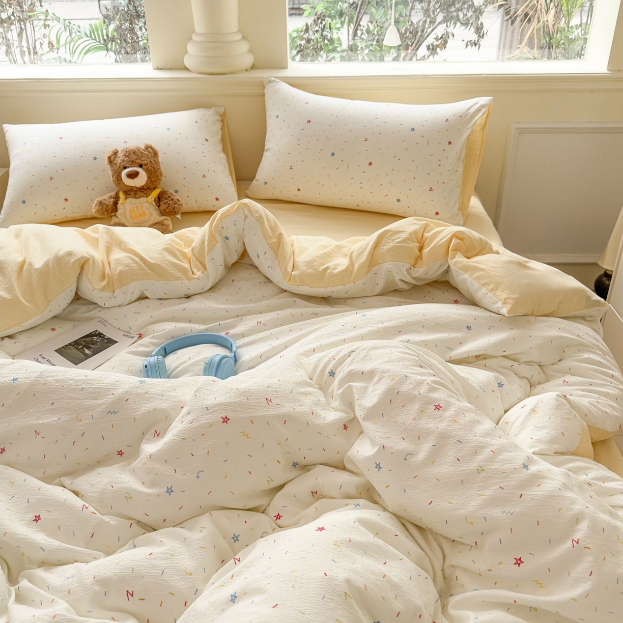 91家纺网 家纺一手货源 找家纺 小蓝孩家纺 2026新款泡泡纱双层纱四件套（不缺货） 奶酪星星