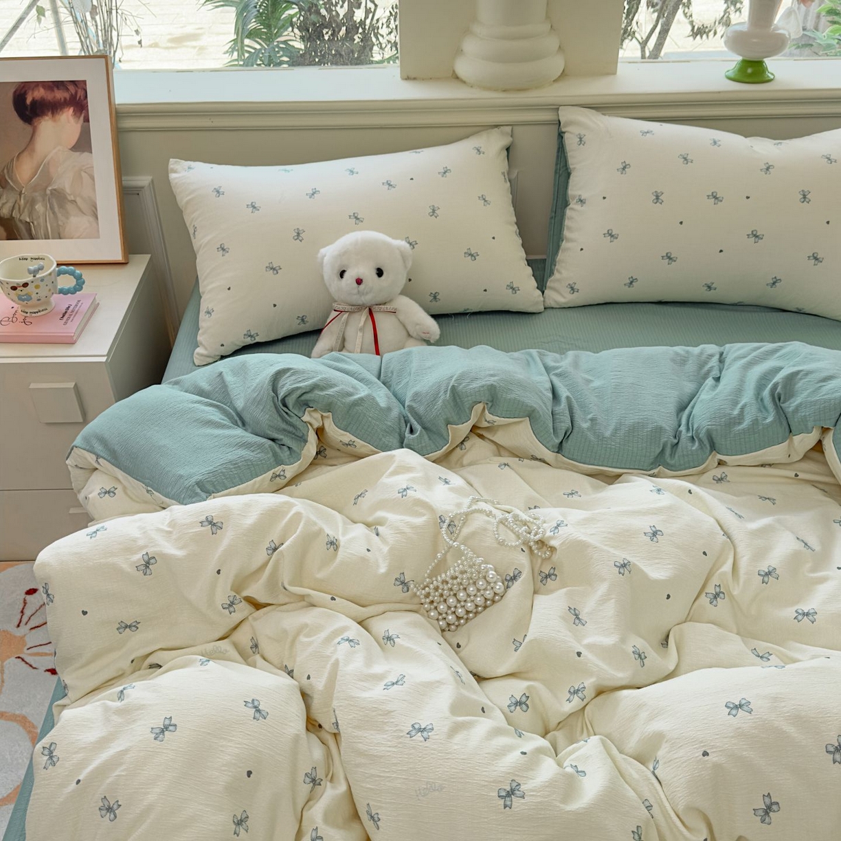 91家纺网 家纺一手货源 找家纺 小蓝孩家纺 2026新款泡泡纱双层纱四件套（不缺货） 夏天