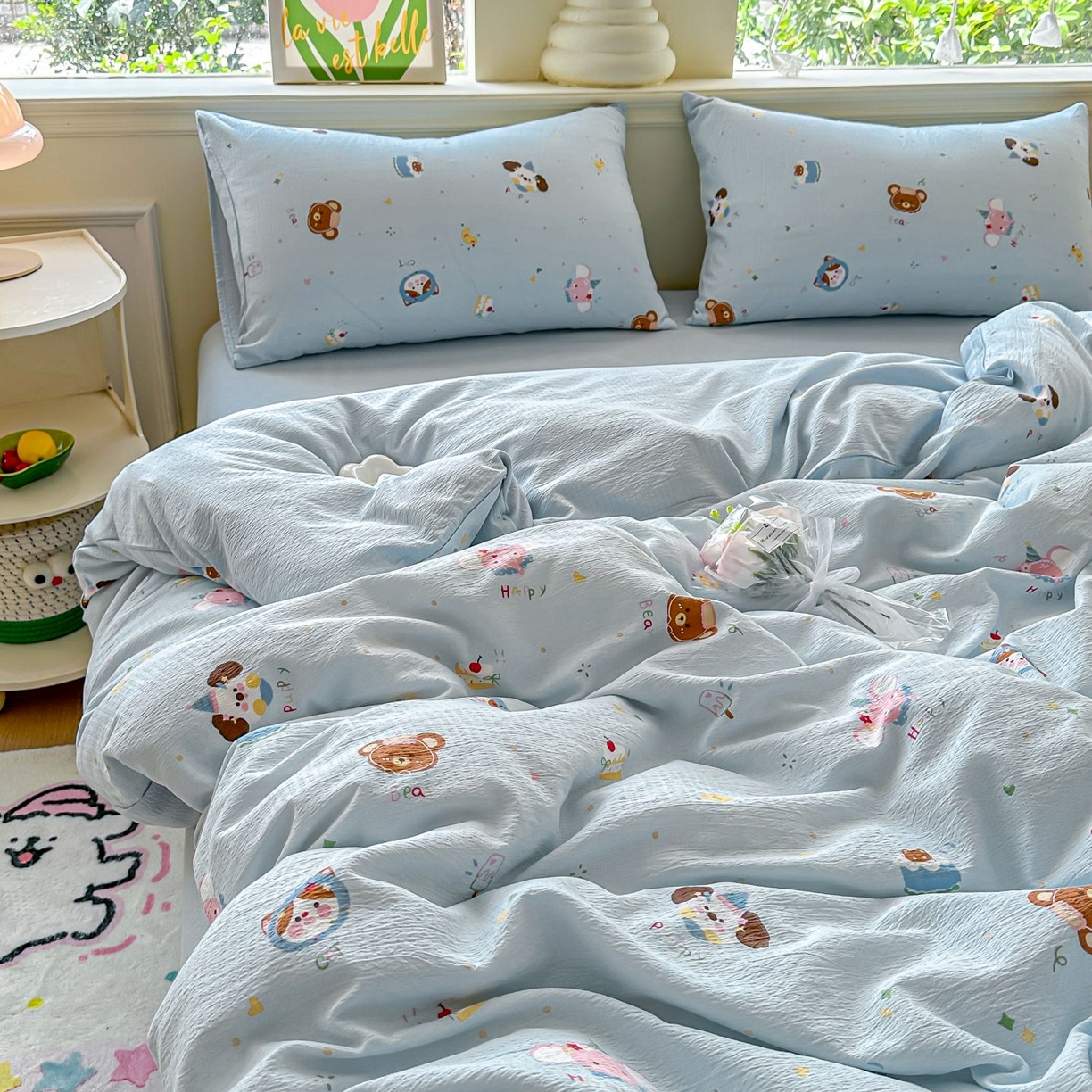 91家纺网 家纺一手货源 找家纺 小蓝孩家纺 2026新款泡泡纱双层纱四件套（不缺货） 奇妙小狗