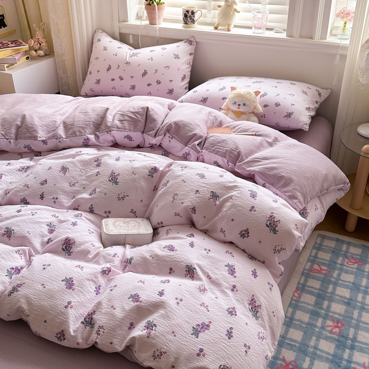 91家纺网 家纺一手货源 找家纺 小蓝孩家纺 2026新款泡泡纱双层纱四件套（不缺货） 葡萄七分甜