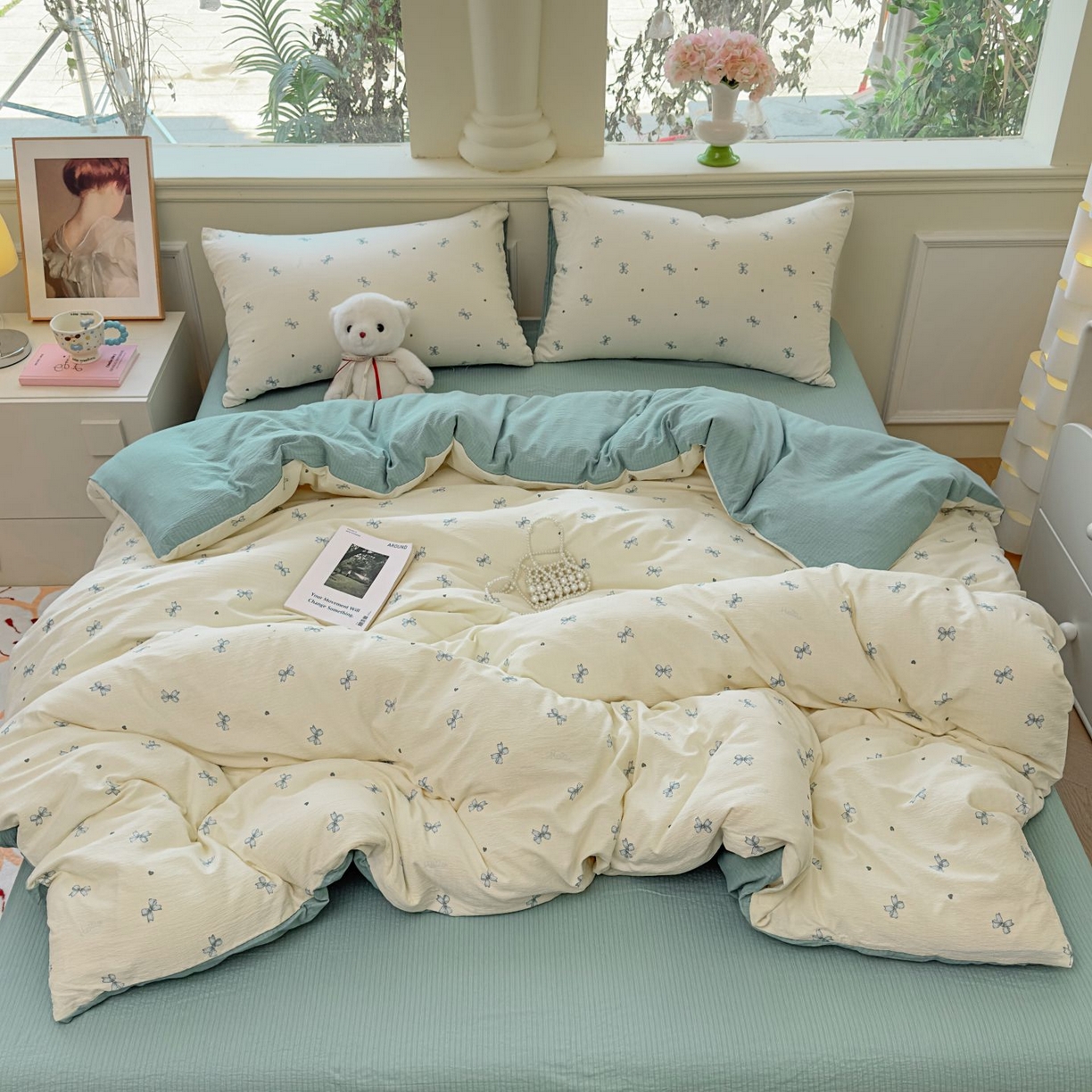 91家纺网 家纺一手货源 找家纺 小蓝孩家纺 2026新款泡泡纱双层纱四件套（不缺货） 夏天