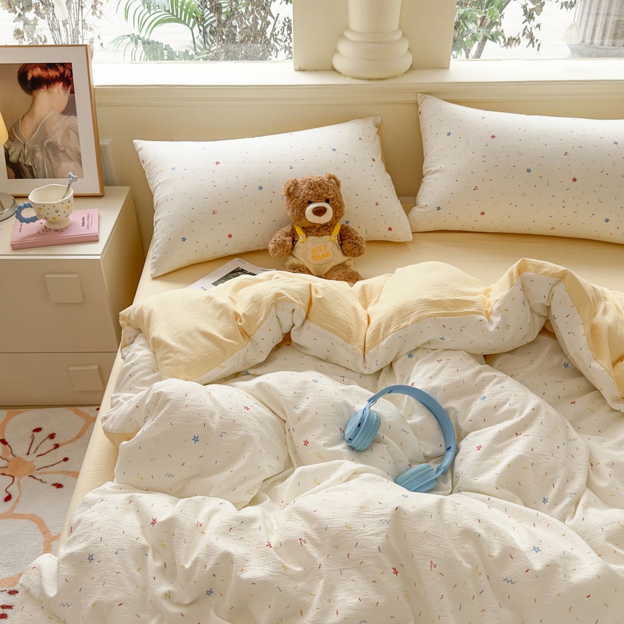 91家纺网 家纺一手货源 找家纺 小蓝孩家纺 2026新款泡泡纱双层纱四件套（不缺货） 奶酪星星