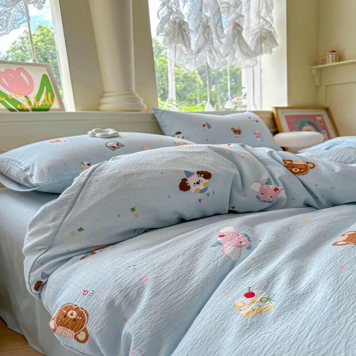 91家纺网 家纺一手货源 找家纺 小蓝孩家纺 2026新款泡泡纱双层纱四件套（不缺货） 奇妙小狗