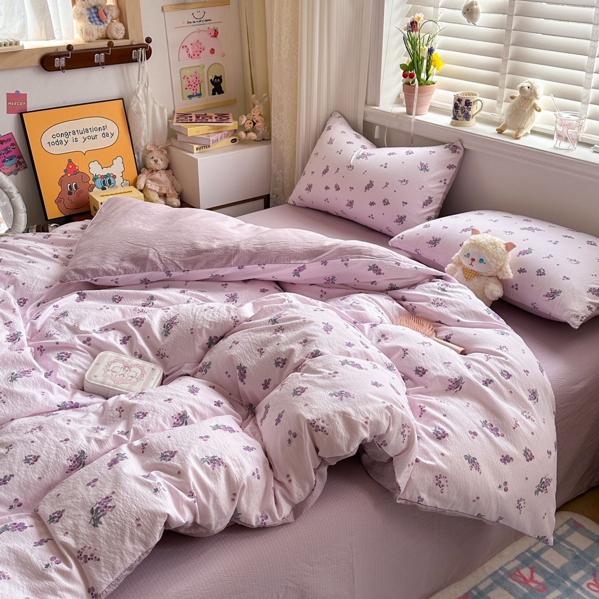 91家纺网 家纺一手货源 找家纺 小蓝孩家纺 2026新款泡泡纱双层纱四件套（不缺货） 葡萄七分甜