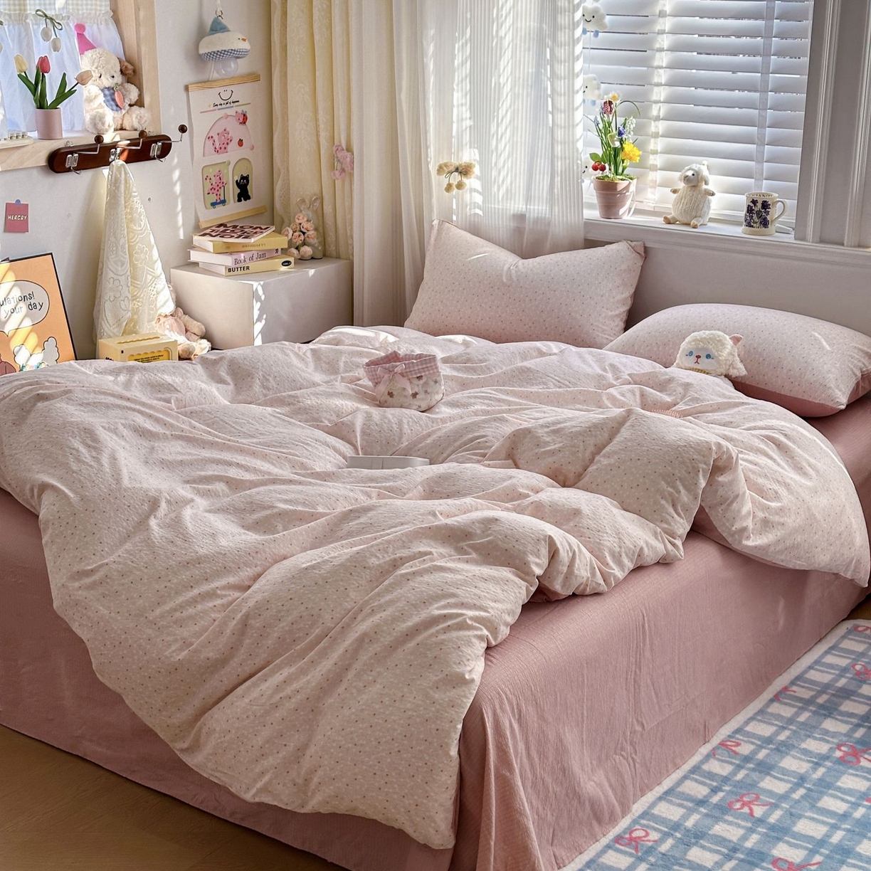 91家纺网 家纺一手货源 找家纺 小蓝孩家纺 2026新款泡泡纱双层纱四件套（不缺货） 樱桃奶球