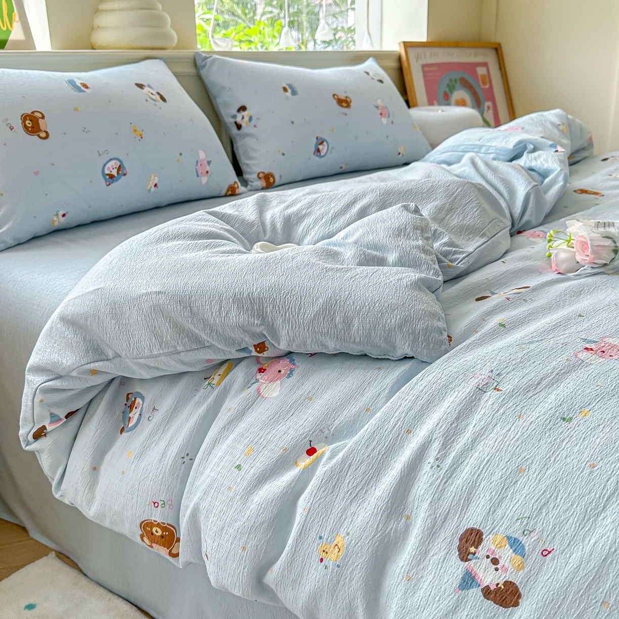 91家纺网 家纺一手货源 找家纺 小蓝孩家纺 2026新款泡泡纱双层纱四件套（不缺货） 奇妙小狗