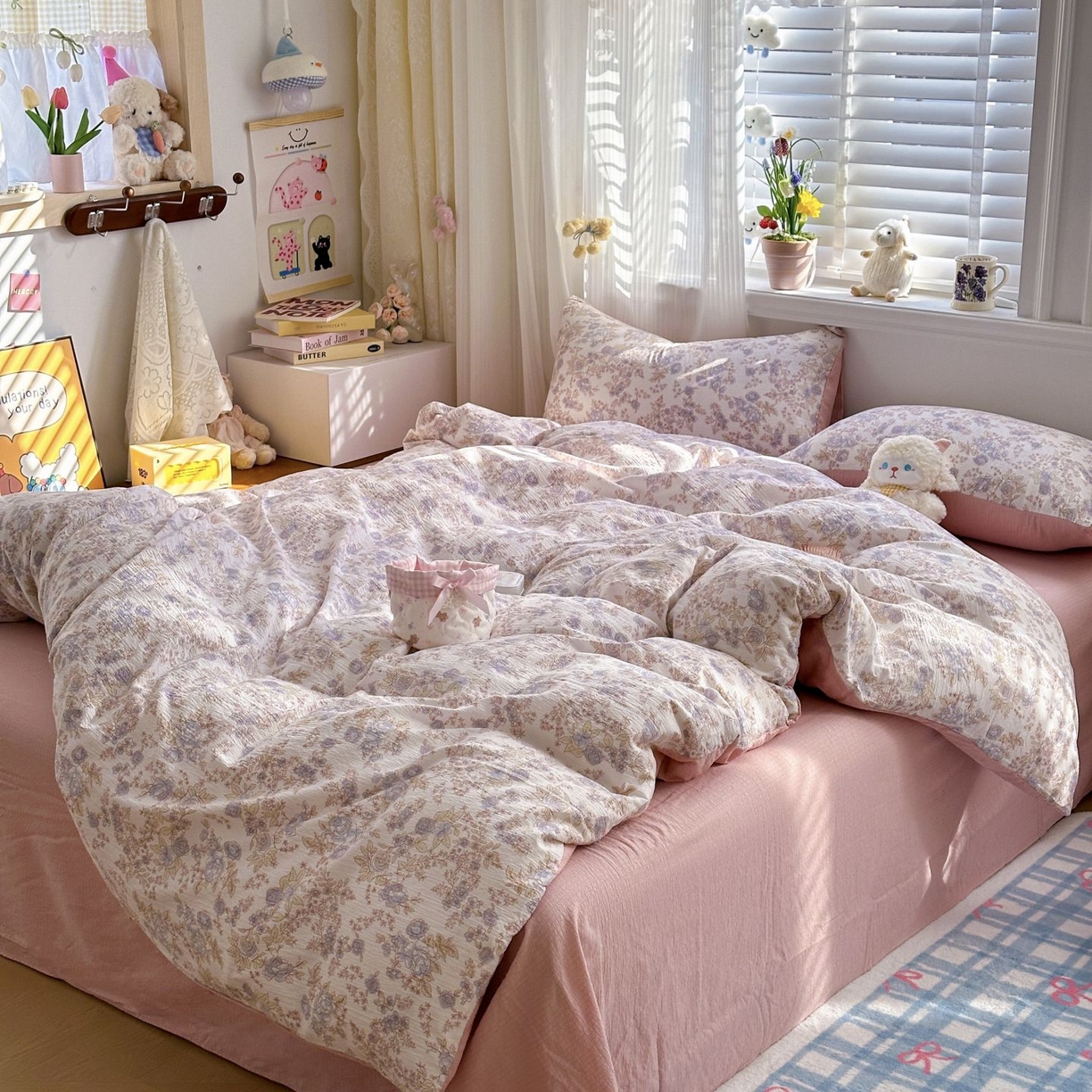 91家纺网 家纺一手货源 找家纺 小蓝孩家纺 2026新款泡泡纱双层纱四件套（不缺货） 曼妙花园