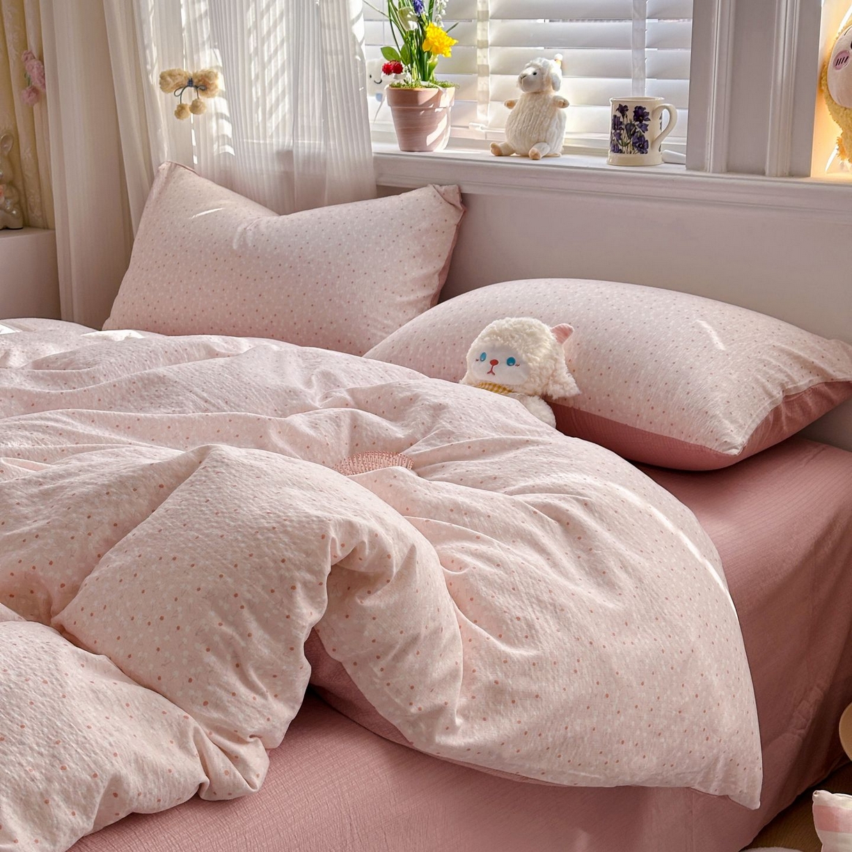 91家纺网 家纺一手货源 找家纺 小蓝孩家纺 2026新款泡泡纱双层纱四件套（不缺货） 樱桃奶球