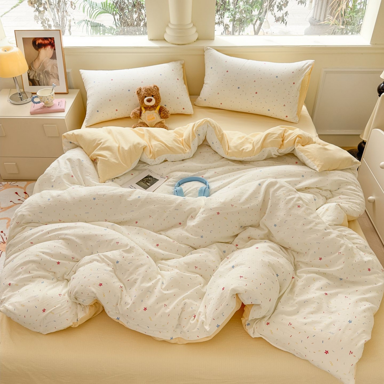 91家纺网 家纺一手货源 找家纺 小蓝孩家纺 2026新款泡泡纱双层纱四件套（不缺货） 奶酪星星