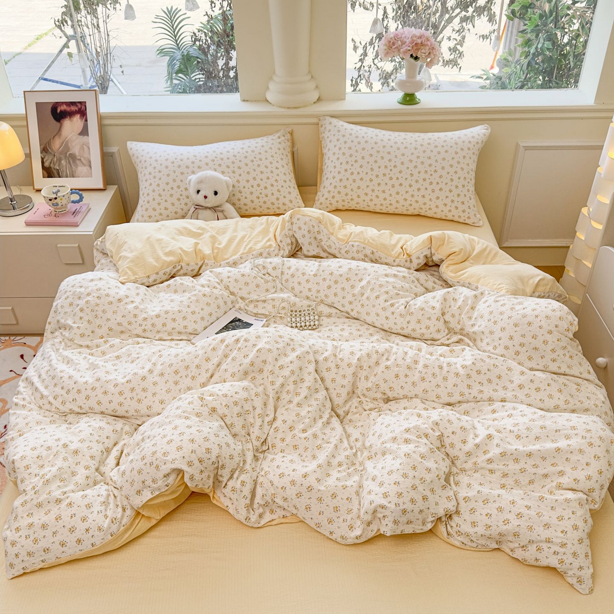 91家纺网 家纺一手货源 找家纺 小蓝孩家纺 2026新款泡泡纱双层纱四件套（不缺货） 雏菊