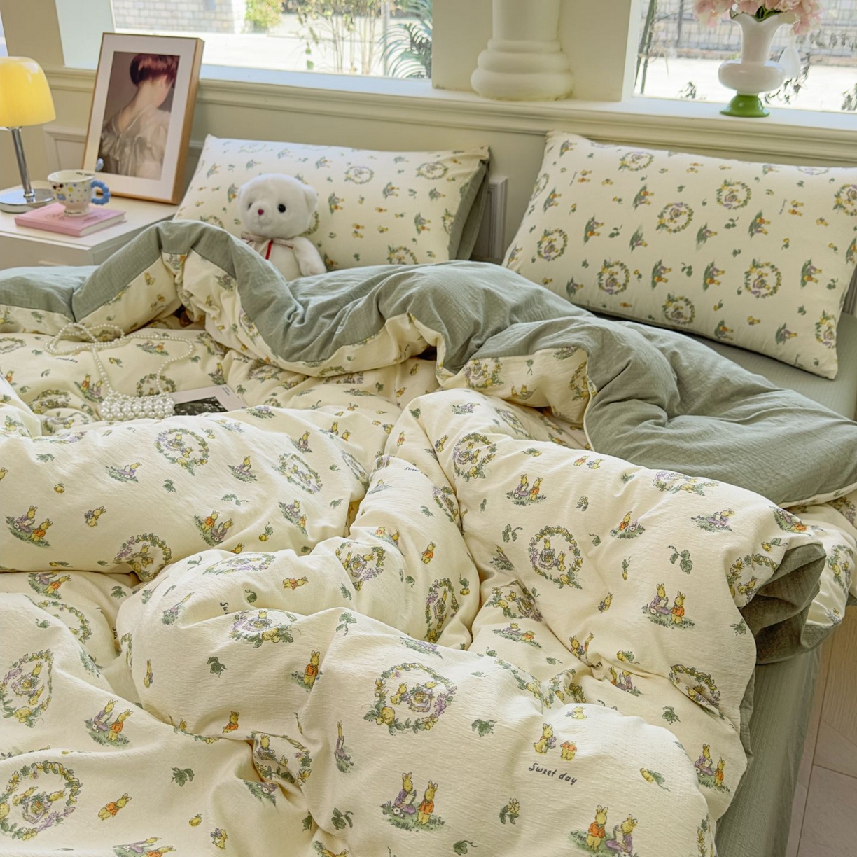 91家纺网 家纺一手货源 找家纺 小蓝孩家纺 2026新款泡泡纱双层纱四件套（不缺货） 小欢喜