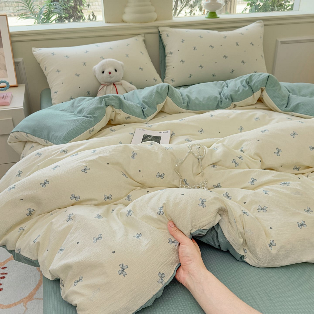 91家纺网 家纺一手货源 找家纺 小蓝孩家纺 2026新款泡泡纱双层纱四件套（不缺货） 夏天