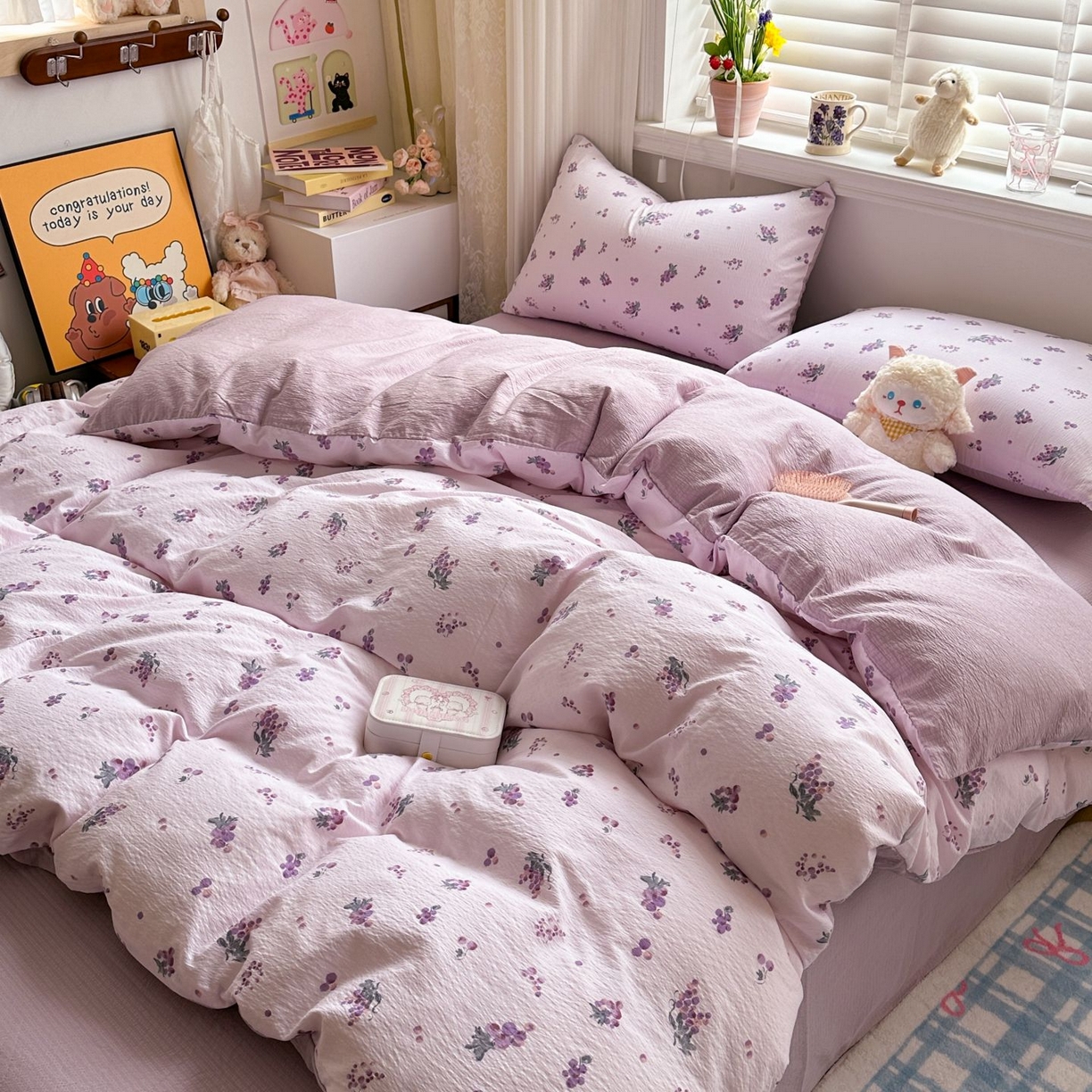 91家纺网 家纺一手货源 找家纺 小蓝孩家纺 2026新款泡泡纱双层纱四件套（不缺货） 葡萄七分甜