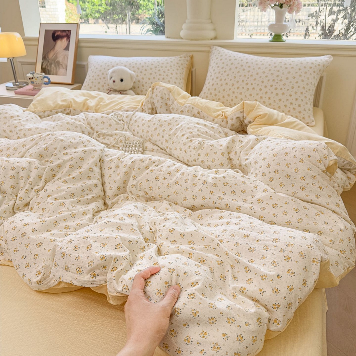 91家纺网 家纺一手货源 找家纺 小蓝孩家纺 2026新款泡泡纱双层纱四件套（不缺货） 雏菊