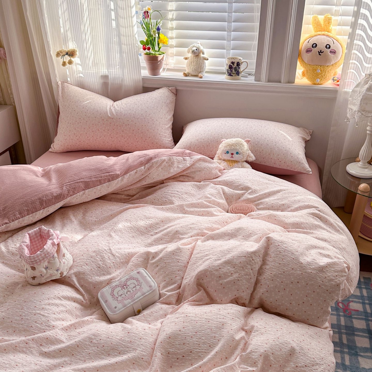 91家纺网 家纺一手货源 找家纺 小蓝孩家纺 2026新款泡泡纱双层纱四件套（不缺货） 樱桃奶球