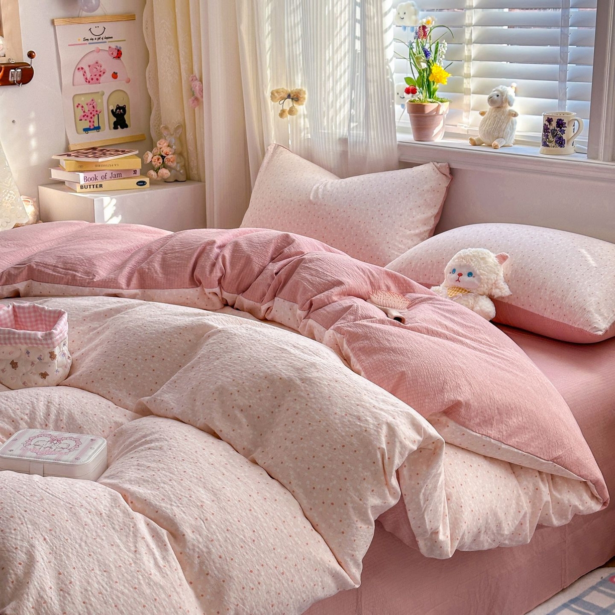 91家纺网 家纺一手货源 找家纺 小蓝孩家纺 2026新款泡泡纱双层纱四件套（不缺货） 樱桃奶球