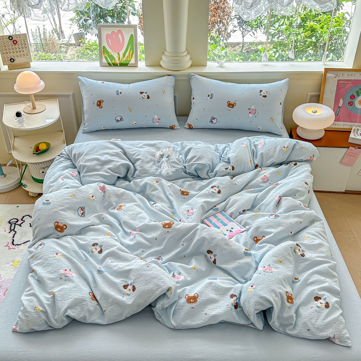 91家纺网 家纺一手货源 找家纺 小蓝孩家纺 2026新款泡泡纱双层纱四件套（不缺货） 奇妙小狗