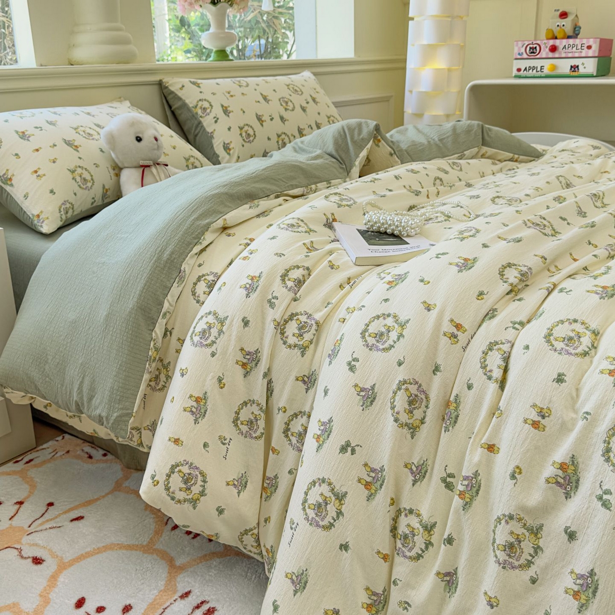 91家纺网 家纺一手货源 找家纺 小蓝孩家纺 2026新款泡泡纱双层纱四件套（不缺货） 小欢喜