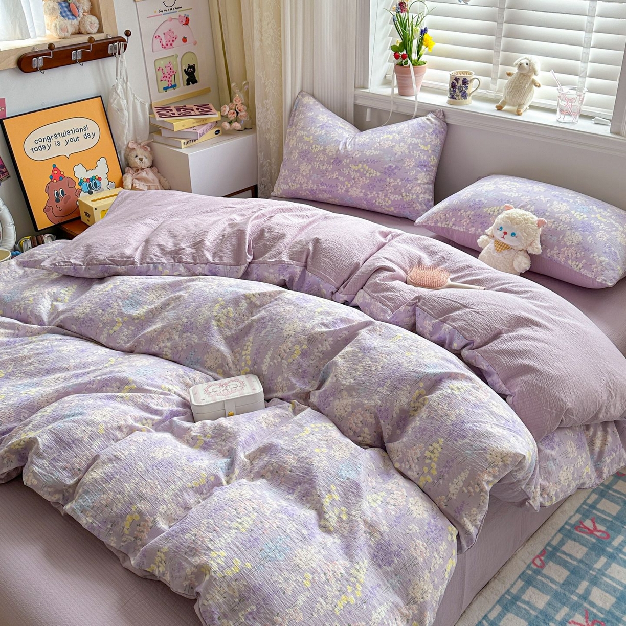 91家纺网 家纺一手货源 找家纺 小蓝孩家纺 2026新款泡泡纱双层纱四件套（不缺货） 薰衣草