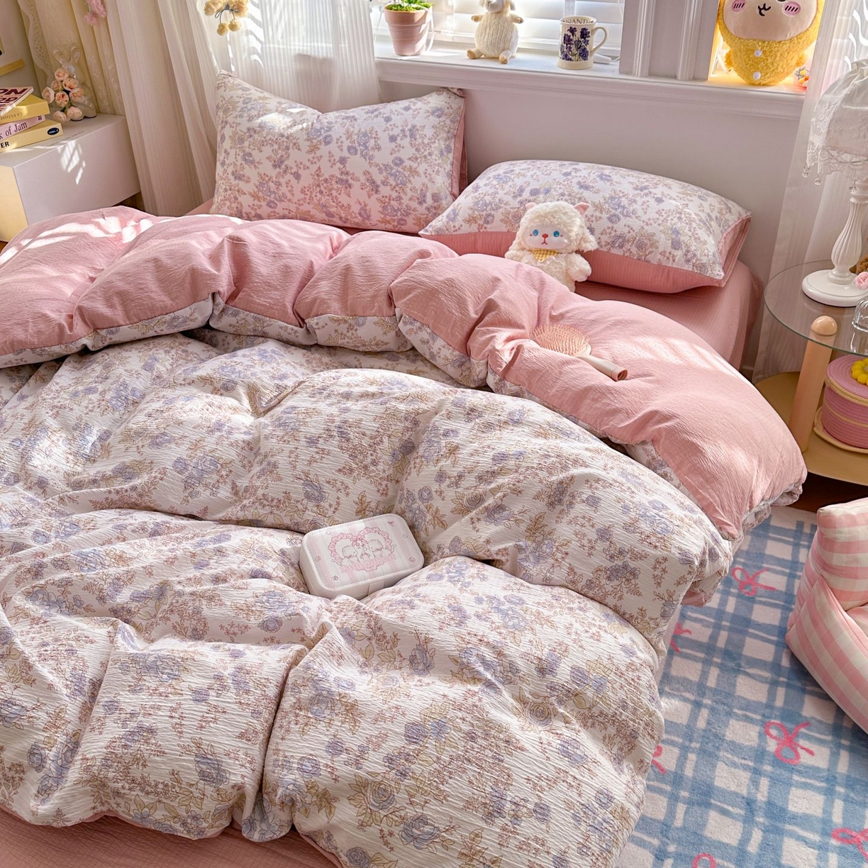 91家纺网 家纺一手货源 找家纺 小蓝孩家纺 2026新款泡泡纱双层纱四件套（不缺货） 曼妙花园