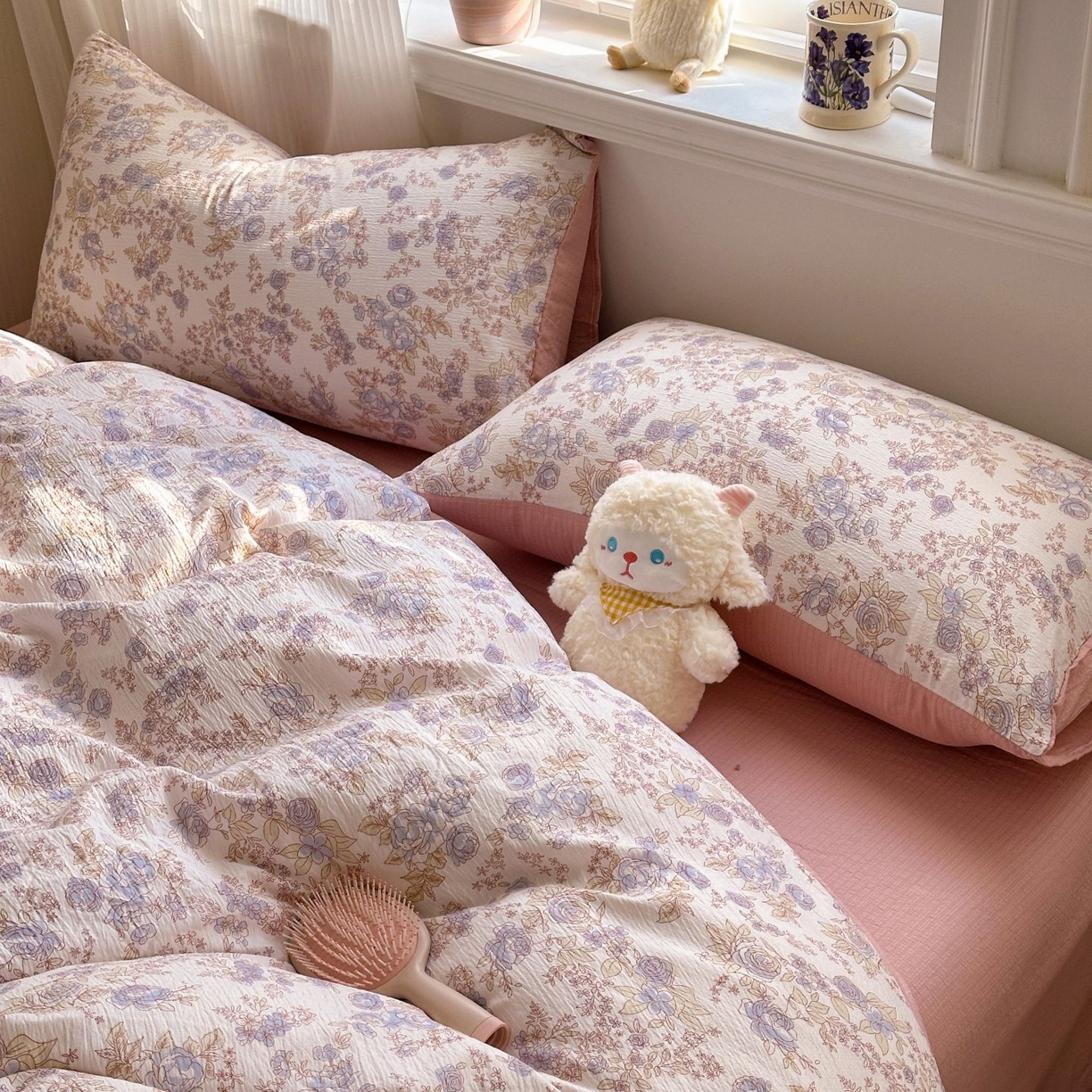 91家纺网 家纺一手货源 找家纺 小蓝孩家纺 2026新款泡泡纱双层纱四件套（不缺货） 曼妙花园