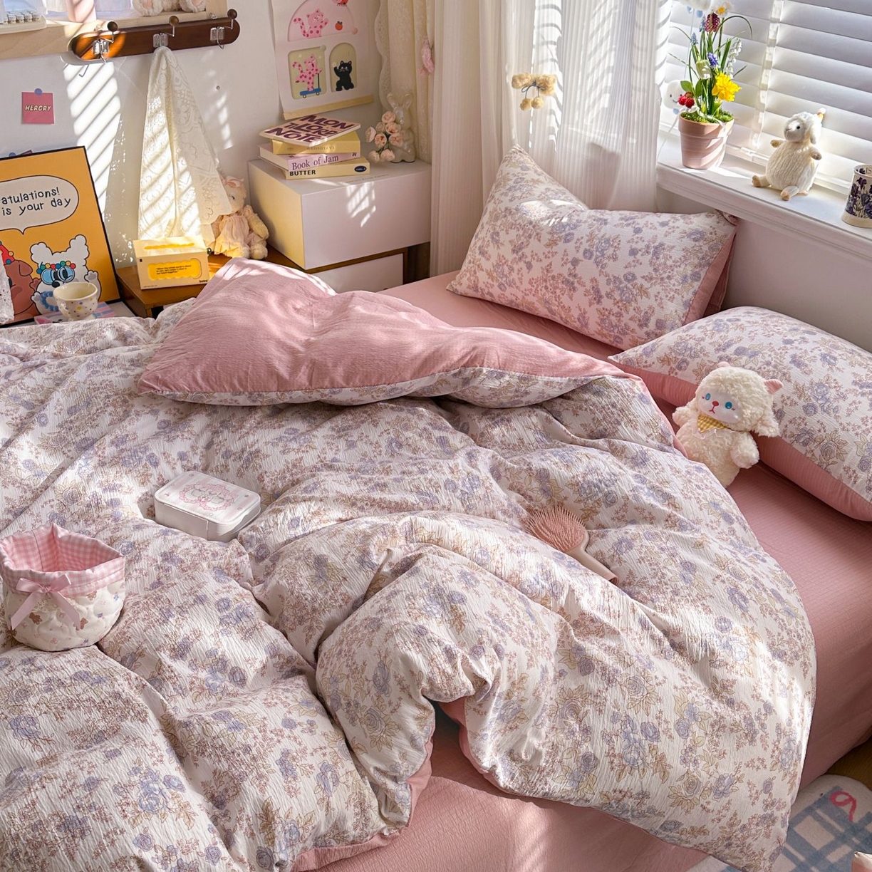 91家纺网 家纺一手货源 找家纺 小蓝孩家纺 2026新款泡泡纱双层纱四件套（不缺货） 曼妙花园