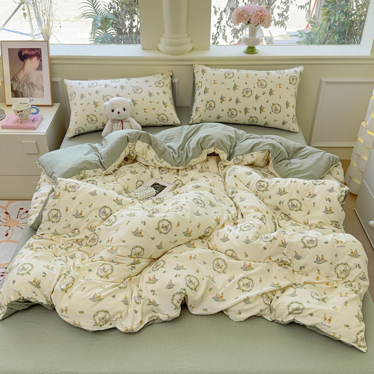 91家纺网 家纺一手货源 找家纺 小蓝孩家纺 2026新款泡泡纱双层纱四件套（不缺货） 小欢喜