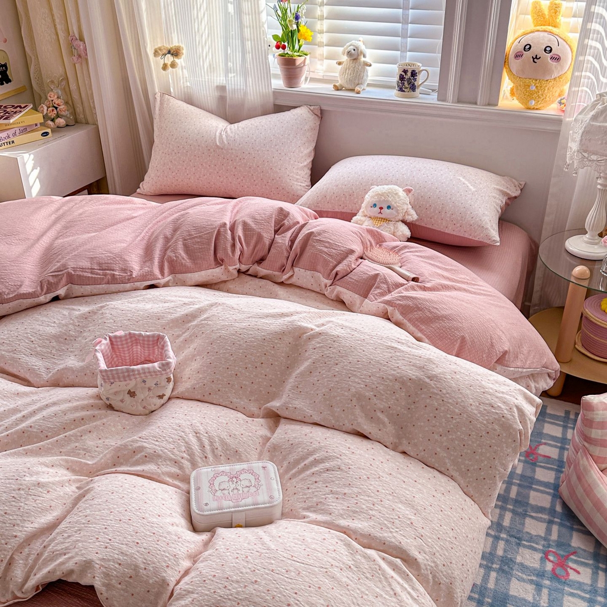 91家纺网 家纺一手货源 找家纺 小蓝孩家纺 2026新款泡泡纱双层纱四件套（不缺货） 樱桃奶球