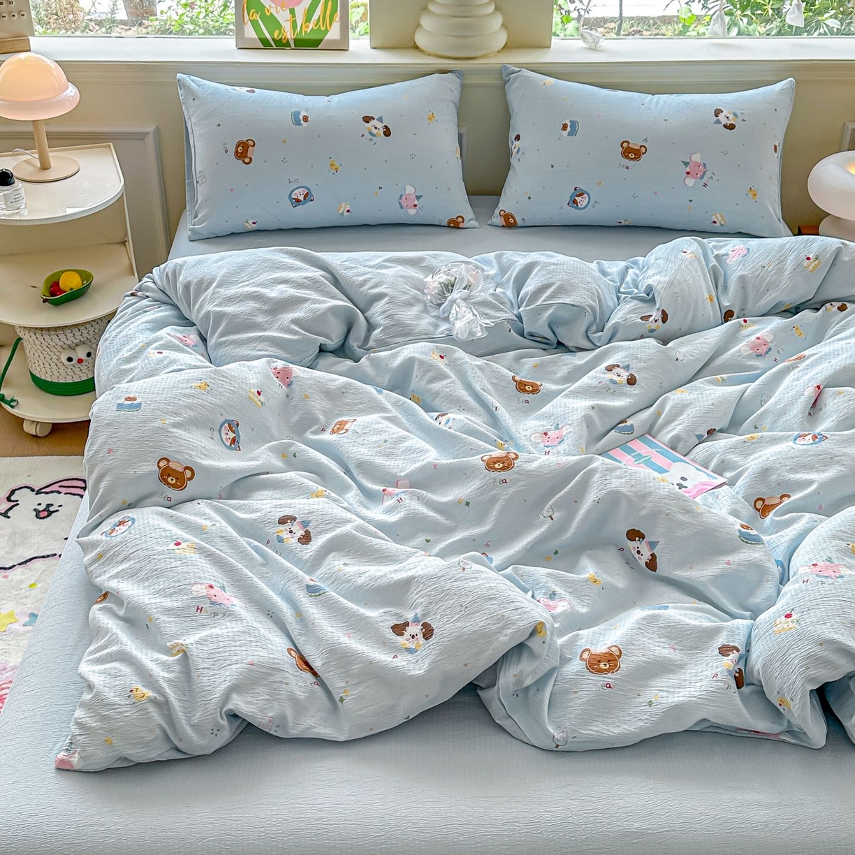 91家纺网 家纺一手货源 找家纺 小蓝孩家纺 2026新款泡泡纱双层纱四件套（不缺货） 奇妙小狗