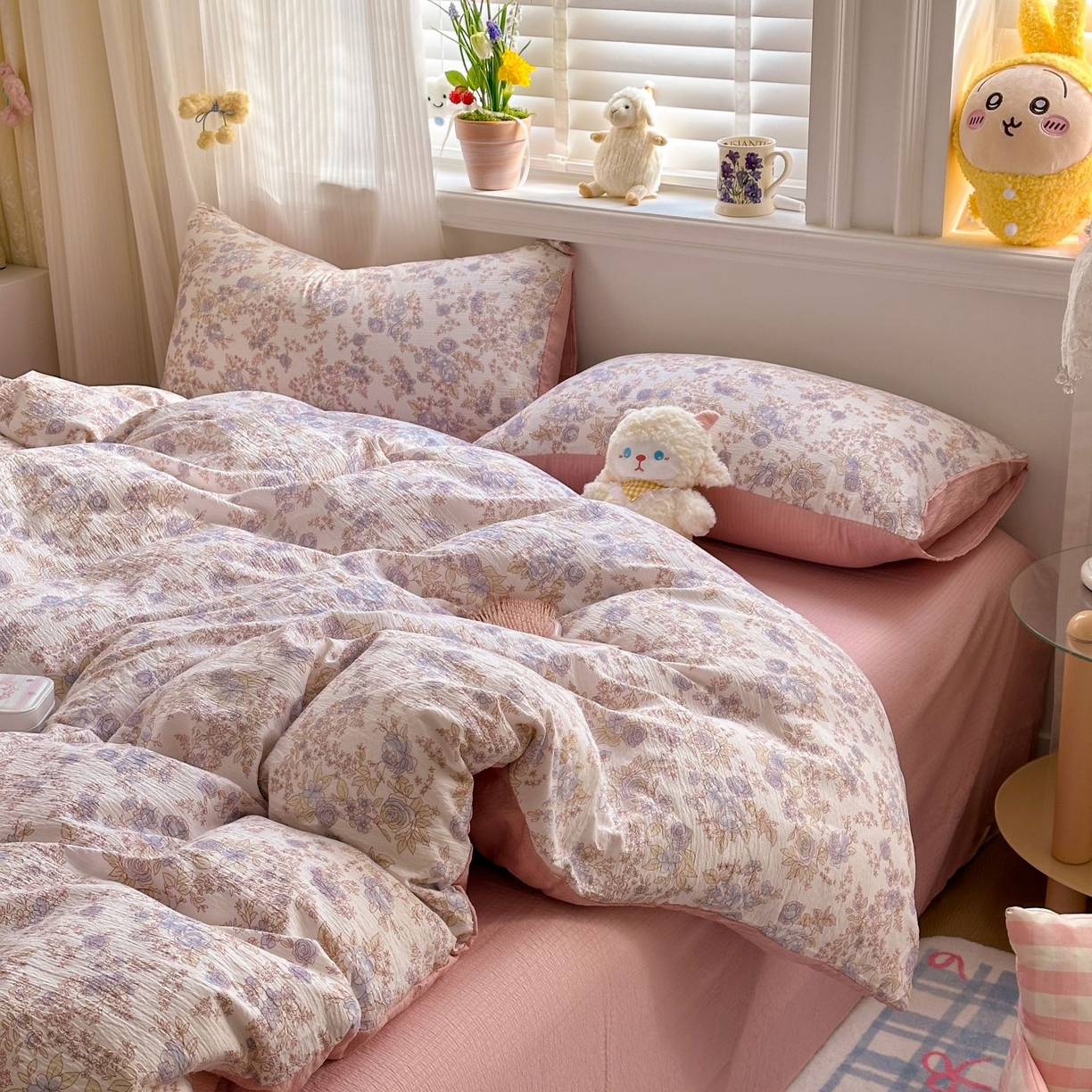 91家纺网 家纺一手货源 找家纺 小蓝孩家纺 2026新款泡泡纱双层纱四件套（不缺货） 曼妙花园