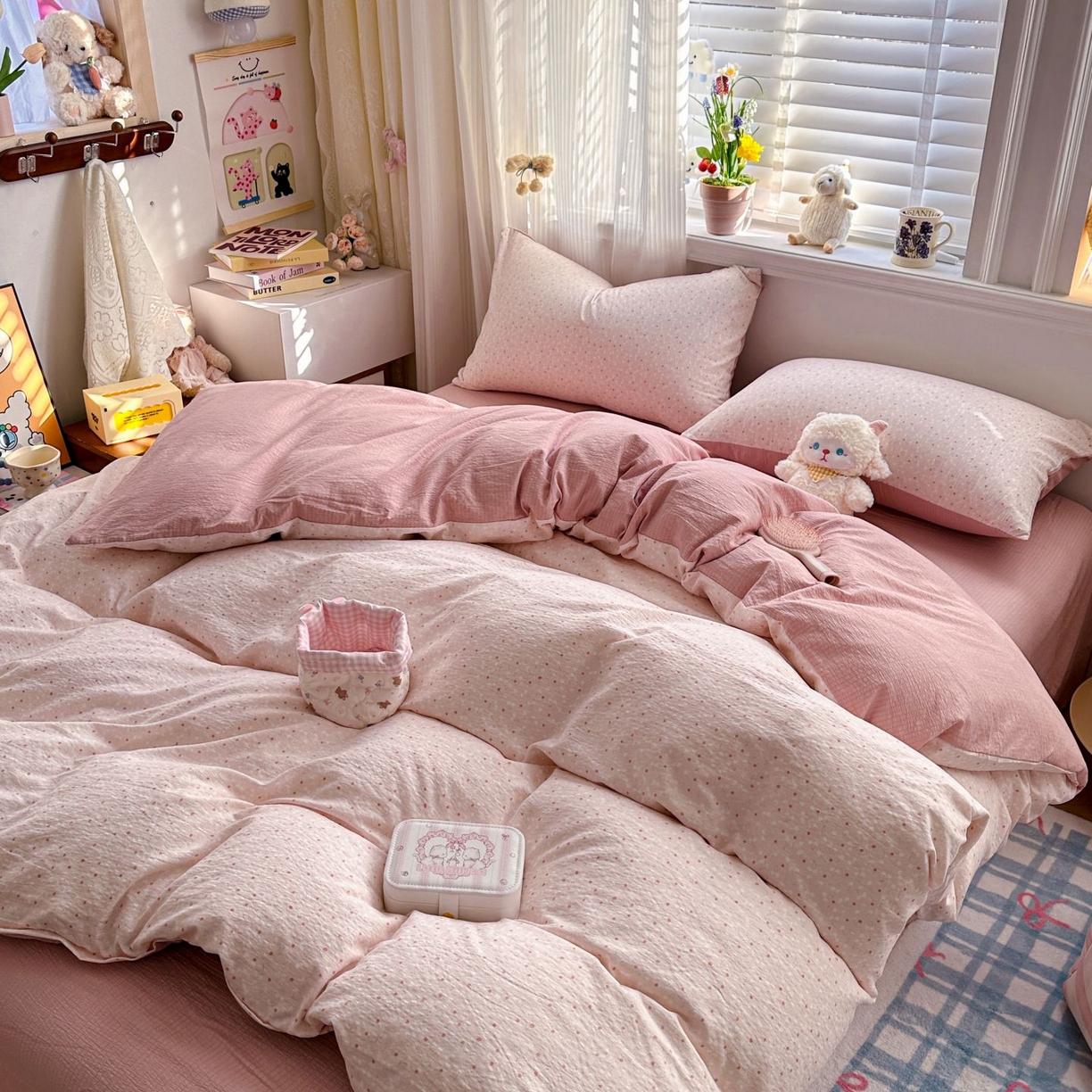 91家纺网 家纺一手货源 找家纺 小蓝孩家纺 2026新款泡泡纱双层纱四件套（不缺货） 樱桃奶球