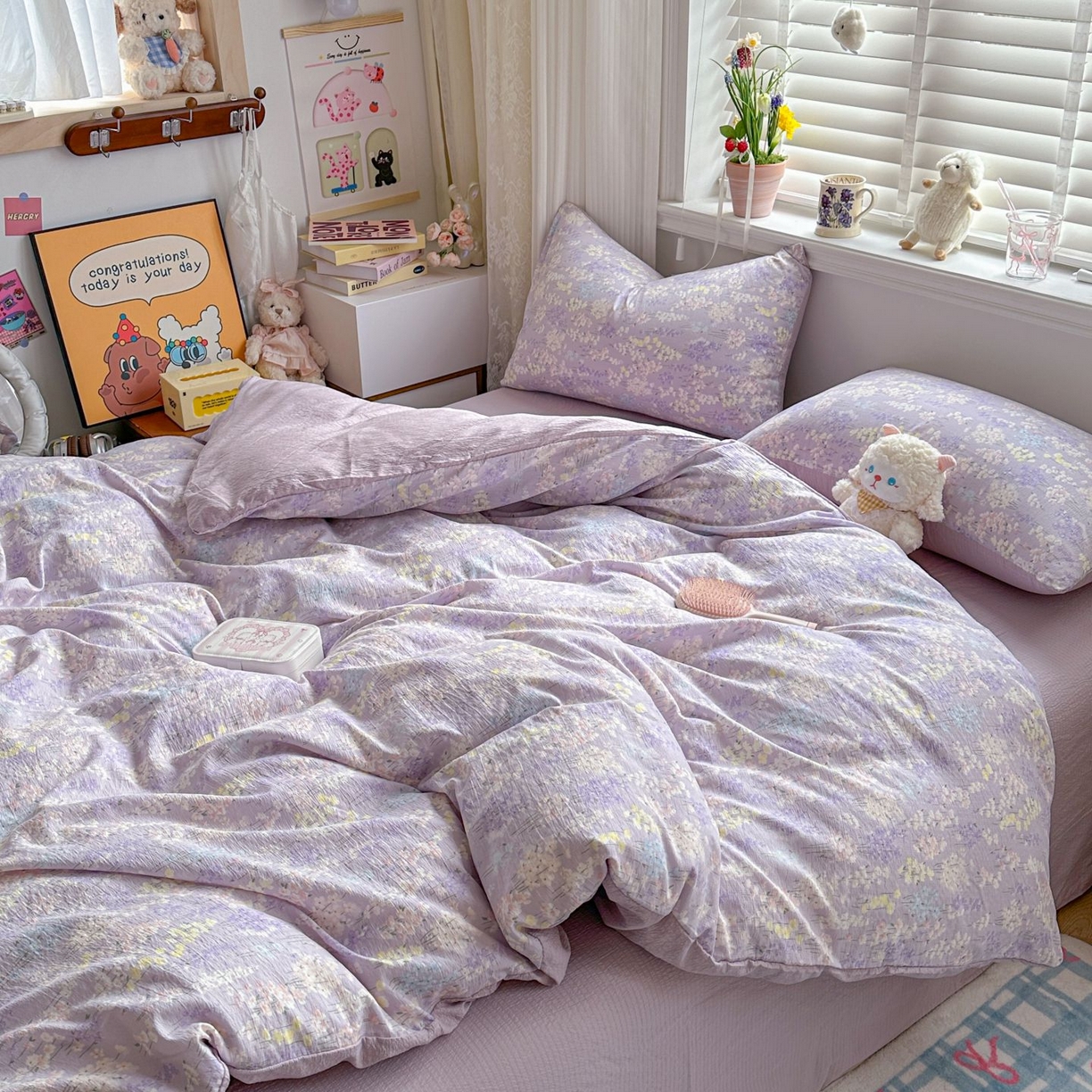 91家纺网 家纺一手货源 找家纺 小蓝孩家纺 2026新款泡泡纱双层纱四件套（不缺货） 薰衣草